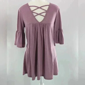 Shirley And Stone Pinkish Purple 3/4 Sleeve Dress Women's Size Small V Cutout